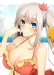  alternate_breast_size blue_eyes blush breasts cleavage crab fate/grand_order fate_(series) frilled_swimsuit frills kujiran large_breasts long_hair looking_at_viewer marie_antoinette_(fate/grand_order) marie_antoinette_(swimsuit_caster)_(fate) silver_hair smile solo swimsuit twintails 