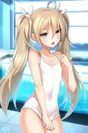  blonde_hair bunny_hair_ornament cowboy_shot fang hair_ornament highres long_hair looking_at_viewer male_focus navel one-piece_swimsuit open_mouth original otoko_no_ko pool purple_eyes school_swimsuit solo standing swimsuit swimsuit_pull twintails white_school_swimsuit white_swimsuit yadamon_(neverland) 