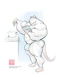  2016 abs anthro balls big_balls big_bulge big_penis book bulge clothed clothing cooking eyes_closed flaccid hyper hyper_muscles kitchen mainlion male mammal mouse musclegut muscular muscular_male partially_clothed pecs penis penis_shaped_bulge rodent simple_background solo thick_thighs underwear 