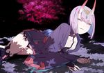 blush breasts cherry_blossoms commentary_request eyebrows_visible_through_hair fate/grand_order fate_(series) horns japanese_clothes kimono looking_at_viewer lying on_side oni oni_horns purple_eyes purple_hair shadow short_hair shuten_douji_(fate/grand_order) small_breasts sohin solo thick_eyebrows thighs 