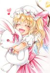  :d ^_^ blonde_hair bow closed_eyes commentary_request fang flandre_scarlet happy hat hat_bow heart highres hug mob_cap nora_wanko open_mouth side_ponytail smile solo stuffed_animal stuffed_bunny stuffed_toy touhou 