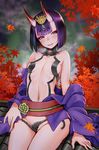  areola_slip areolae arms_at_sides autumn_leaves bare_shoulders blurry blurry_background blush breasts breasts_apart closed_mouth collarbone commentary_request fangs fate/grand_order fate_(series) groin head_tilt headpiece highres horns japanese_clothes kimono lips looking_at_viewer navel off_shoulder on_roof oni oni_horns open_clothes open_kimono partially_visible_vulva purple_eyes purple_hair purple_kimono revealing_clothes sash short_hair shuten_douji_(fate/grand_order) sitting small_breasts stomach thick_eyebrows tile_roof tsurime uran_(uran-factory) 