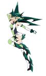  absurdres akatsuki_kirika arm_up bare_shoulders blonde_hair blush bodysuit boots breasts commentary_request covered_navel elbow_gloves eyebrows_visible_through_hair full_body gloves green_eyes headgear highres leg_up looking_at_viewer medium_breasts open_mouth senki_zesshou_symphogear short_hair simple_background skirt smile solo striped striped_legwear teeth thighhighs tomaty. white_background 