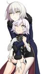  arm_strap bandaged_arm bandages bangs belt black_dress blue_coat blush chin_on_head chin_rest commentary_request cowboy_shot dress eyebrows_visible_through_hair facial_scar fate/apocrypha fate/grand_order fate_(series) fur_trim green_eyes hair_between_eyes hand_on_another's_hip hand_on_another's_thigh hands_on_another's_arms highres hug hug_from_behind jack_the_ripper_(fate/apocrypha) jeanne_d'arc_(alter)_(fate) jeanne_d'arc_(fate)_(all) long_sleeves looking_at_another looking_away looking_to_the_side looking_up multiple_girls navel one_eye_closed pale_skin panties scar scar_across_eye scar_on_cheek short_hair silver_hair simple_background sleeveless sleeveless_turtleneck smile susukune thigh_gap tsurime turtleneck underwear white_background wicked_dragon_witch_ver._shinjuku_1999 yellow_eyes 