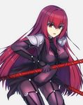  armor bodysuit breasts covered_navel elfenlied22 fate/grand_order fate_(series) gae_bolg highres holding holding_weapon large_breasts long_hair looking_at_viewer pauldrons polearm purple_bodysuit purple_hair red_eyes scathach_(fate)_(all) scathach_(fate/grand_order) shoulder_armor solo spear very_long_hair weapon 