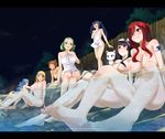  6+girls black_hair blonde_hair blue_hair blush breasts brown_hair cat_ears charle_(fairy_tail) erza_scarlet fairy_tail green_hair juvia_loxar kagura_mikazuchi large_breasts looking_at_viewer lucy_heartfilia millianna multiple_girls nipples nude onsen open_mouth parted_lips red_hair sitting small_breasts smile tattoo wendy_marvell 
