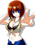  bare_shoulders bikini black_bikini blue_eyes breasts brown_hair commentary_request engo_(aquawatery) front-tie_top grin hair_ornament hand_behind_head highres jewelry large_breasts lyrical_nanoha midriff navel necklace outstretched_arm short_hair sleeveless smile solo swimsuit underboob v yagami_hayate 