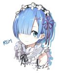  blue_eyes blue_hair character_name closed_mouth detached_sleeves hair_over_one_eye hair_ribbon hashimoto_kokai head_wreath looking_at_viewer neck_ribbon pink_ribbon portrait re:zero_kara_hajimeru_isekai_seikatsu rem_(re:zero) ribbon ribbon-trimmed_sleeves ribbon_trim short_hair simple_background smile solo white_background 