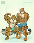 2016 abs anthro areola balls benji_(character) big_balls big_penis blue_eyes bulge clothing clouded_leopard ear_piercing erection eyes_closed feline flexing fondling grin hyper hyper_muscles mainlion male mammal markings muscle_worship muscular muscular_male nipples pecs penis penis_shaped_bulge piercing shorts simple_background sitting smile thick_thighs tiger underwear 