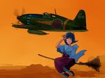  1girl aircraft airplane broom broom_riding character_request cloud commentary_request dusk fantasy flying imperial_japanese_army inui_(jt1116) j2m_raiden japan military military_vehicle pilot pilot_suit propeller real_life roundel scarf witch world_war_ii 