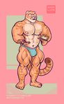  2016 3ds abs anthro areola body_hair bulge chest_hair clothed clothing eyewear feline glasses hybrid hyper hyper_muscles liger lion mainlion male mammal markings muscular muscular_male nintendo nipples partially_clothed pecs simple_background solo thick_thighs tiger topless underwear video_games 