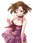  breasts brown_eyes brown_hair commentary_request cup dress drinking_glass idolmaster idolmaster_cinderella_girls jewelry kawaty looking_at_viewer medium_breasts mizuki_seira necklace one_eye_closed short_hair simple_background smile solo white_background wine_glass 