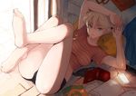  aqua_eyes arms_up bangs bed black_shorts blee blonde_hair book breasts day digital_media_player earphones hair_between_eyes highres holding indoors large_breasts looking_at_viewer loungewear lying on_back open_book orange_shirt original parted_lips pencil shade shirt short_hair short_shorts shorts single_earphone_removed soles solo striped striped_shirt thighs 