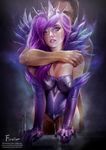  1girl arm_support bottomless clothed_female_nude_male cum elbow_gloves facial feather_trim firolian from_behind gloves highres hug hug_from_behind league_of_legends lipstick long_hair looking_back luxanna_crownguard makeup no_panties nude parted_lips patreon_username purple_hair tiara 