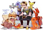  backpack bag black_pants blonde_hair bottle capri_pants charmander closed_eyes copyright_name dratini dugtrio gen_1_pokemon gen_2_pokemon glasses highres holding holding_bottle kazue_kato magikarp magnemite male_focus male_protagonist_(pokemon_go) open_mouth pants pichu pokemon pokemon_(creature) pokemon_go scizor shirt shoes simple_background sitting smile sneakers sweat t-shirt umbreon visor_cap water_bottle white_background 