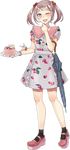  bunny cake crown dress drew_(drew213g) food food_print full_body hair_bobbles hair_ornament jewelry kantai_collection mary_janes necklace official_art open_mouth pink_eyes pink_hair platform_footwear sazanami_(kantai_collection) shoes short_hair smile strawberry_print transparent_background twintails umbrella 