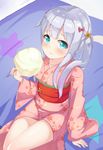  2drr absurdres bed blue_eyes cotton_candy eating eromanga_sensei highres izumi_sagiri japanese_clothes kimono legs long_hair obi open_clothes open_kimono ponytail sash silver_hair sitting solo tears yukata 