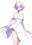  :d arm_strap arms_at_sides bare_legs bare_shoulders blush breasts choker cleavage collarbone dress eyebrows_visible_through_hair fate/grand_order fate_(series) female flower gloves hair_flower hair_ornament hair_over_one_eye highres large_breasts lavender_hair legs looking_at_viewer mash_kyrielight neck open_mouth purple_eyes ribbon ribbon_choker sen_(77nuvola) short_dress short_hair simple_background smile solo standing strapless strapless_dress type-moon white_background white_choker white_dress white_flower white_gloves white_ribbon 