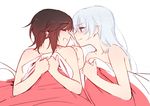  2girls bare_shoulders bed bed_sheet black_hair blue_eyes blush eyes_closed finger_to_nose long_hair looking_at_another multiple_girls naked_sheet ndgd_(bean1215) ruby_rose rwby scar short_hair simple_background smile teeth weiss_schnee white_background white_hair yuri 