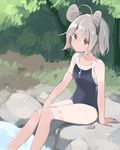  akagashi_hagane animal animal_ears competition_school_swimsuit day green_hair hair_between_eyes jewelry mouse mouse_ears mouse_tail nazrin one-piece_swimsuit outdoors pendant red_eyes school_swimsuit short_hair sitting soaking_feet solo swimsuit tail tan tanline touhou water 