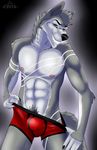  2017 5_fingers abs absurd_res anthro black_nose body_hair bulge canine chest_hair cinta clothing fur grey_eyes grey_fur grey_hair grin hair hi_res looking_at_viewer male mammal markings multicolored_fur muscular nails nipples pubes simple_background smile solo standing teasing teeth tight_underwear underwear white_fur wolf 