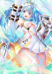  blue_eyes blue_hair commentary_request daidou_(demitasse) dress elbow_gloves gloves goodsmile_company goodsmile_racing green_hair hatsune_miku highres lance long_hair looking_at_viewer open_mouth polearm racing_miku racing_miku_(2015) shield solo twintails very_long_hair vocaloid weapon 