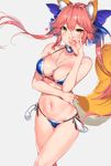  animal_ears bare_arms bare_shoulders between_breasts bikini blue_bikini blue_bow bow breasts collar commentary crossed_legs eyebrows_visible_through_hair fate/extra fate_(series) floating_hair fox_ears fox_girl fox_shadow_puppet fox_tail grey_background hair_between_eyes hair_bow hand_on_own_stomach hand_over_face hand_up heart highres jewelry long_hair looking_at_viewer medium_breasts navel necklace pink_hair side-tie_bikini simple_background smile solo stomach swimsuit tail tamamo_(fate)_(all) tamamo_no_mae_(fate) tamamo_no_mae_(swimsuit_lancer)_(fate) yellow_eyes yuran 