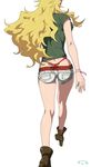  belt blonde_hair boots bracelet from_behind green_shirt high_heel_boots high_heels hoshii_miki idolmaster idolmaster_(classic) jewelry kneepits long_hair shirt short_shorts short_sleeves shorts simple_background solo studded_belt suna thong walking wavy_hair white_background 