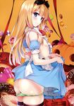  absurdres alice_(wonderland) alice_in_wonderland apron ass bare_shoulders blonde_hair blue_eyes blue_skirt bow breasts cowboy_shot detached_collar doughnut flat_chest food frills from_side green_panties hair_bow highres jack-o'-lantern long_hair looking_at_viewer macaron misaki_kurehito nipples panties panty_pull pumpkin scan skirt skirt_lift small_breasts smile solo standing striped striped_legwear thighs underwear 