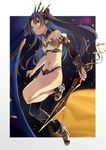  bare_shoulders black_hair black_legwear breasts earrings fate/grand_order fate_(series) fu-ta holding holding_weapon ishtar_(fate/grand_order) jewelry long_hair looking_at_viewer navel pluto_(planet) red_eyes revealing_clothes single_thighhigh small_breasts smile solo thighhighs weapon 