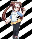  ;) arm_at_side black_legwear blue_eyes blue_footwear blush breasts bright_pupils brown_hair closed_mouth diagonal-striped_background diagonal_stripes double_bun highres holding holding_poke_ball legs_together long_hair long_sleeves looking_at_viewer mei_(pokemon) microskirt one_eye_closed pantyhose poke_ball poke_ball_(generic) pokemon pokemon_(game) pokemon_bw2 raglan_sleeves shoes sidelocks skirt small_breasts smile standing striped striped_background takagirock twintails very_long_hair visor_cap yellow_skirt 