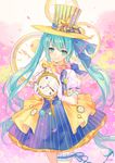  aqua_eyes aqua_hair artist_name atdan blue_ribbon bow bowtie clock closed_mouth dress garters gloves hat hatsune_miku highres holding long_hair looking_at_viewer petals pink_bow pink_gloves pink_neckwear ribbon short_sleeves solo twintails very_long_hair vocaloid yellow_hat 