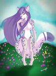  2017 anthro breasts cel_shading digital_media_(artwork) feline female flower fur grass hair long_hair looking_at_viewer mammal nipples nude outside plant simple_background solo thesolarwinds 