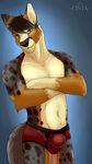  2017 absurd_res anthro black_nose blue_background blue_eyes brown_fur brown_hair bulge canine cinta clothing crossed_arms dog eyebrows fluffy fluffy_tail fur german_shepherd gloves_(marking) grey_fur hair hi_res looking_at_viewer male mammal markings multicolored_fur muscular simple_background smile smirk solo spots standing tagme tan_fur tight_underwear underwear 