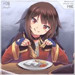  black_hair blush brown_hair cape choker fingerless_gloves food fried_chicken gloves hat hat_removed head_tilt headwear_removed holding holding_food indonesian kono_subarashii_sekai_ni_shukufuku_wo! long_sleeves looking_at_viewer megumin mystic-san on_table plate red_eyes rice shadow short_hair_with_long_locks smile solo table translated tsurime 