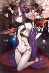  alcohol anklet barefoot barefoot_sandals blush breasts commentary_request cup eyebrows_visible_through_hair fate/grand_order fate_(series) food fruit full_body grapes highres horns japanese_clothes jewelry kimono kneeling looking_at_viewer navel oni oni_horns orange pale_skin purple_eyes purple_hair revealing_clothes sakazuki sake short_hair shuten_douji_(fate/grand_order) small_breasts smile solo untsue 