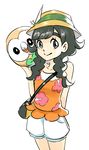  arm_behind_back bag bangs bare_shoulders beak bird black_eyes black_hair braid closed_mouth collarbone cowboy_shot floral_print flower gen_7_pokemon hair_flaps handbag hat hat_flower highres leaf long_hair mizuki_(pokemon) nanake orange_shirt owl pocket pokemon pokemon_(creature) pokemon_(game) pokemon_usum rowlet shirt shorts smile solo standing strap sun_hat swept_bangs tank_top thick_eyebrows twin_braids white_shorts yellow_hat 