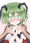  antennae blue_eyes blush cape commentary_request constricted_pupils embarrassed green_hair hands_on_another's_shoulders short_hair simple_background solo_focus sweat touhou ugatsu_matsuki wriggle_nightbug 