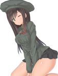  a9b_(louis814) absurdres animal_ears between_legs breasts brown_hair federica_n_doglio green_eyes hand_between_legs highres leaning_forward lips long_hair looking_at_viewer medium_breasts military military_jacket military_uniform miniskirt one_eye_closed pleated_skirt shiny shiny_skin simple_background sitting skirt solo strike_witches uniform world_witches_series 