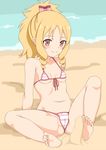  1girl bare_arms bare_legs barefoot beach blonde_hair blush bow breasts closed_mouth collarbone eromanga_sensei feet female green_eyes hair_bow looking_at_viewer midriff navel pointy_ears ponytail side-tie_bikini sitting small_breasts smile soles solo spread_legs striped striped_bikini swimsuit toes toshishikisai water yamada_elf 