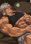  1boy abs bara bed blush bulge eyes_closed groping lying male_focus marototori muscle nipples pecs solo sweat undressing 