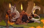  anthro clothed clothing dragon duo feline female forest fur furred_dragon hair horn licking male male/female mammal nipple_bulge outside smile spread_legs spreading tongue tongue_out tree v-i 