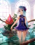  blue_dress blue_eyes blue_hair blurry breasts depth_of_field dress dress_lift flower fuji_choko hair_flower hair_ornament indoors light_smile long_hair looking_at_viewer one_side_up original short_dress small_breasts solo wading 