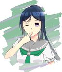  1girl at_viewer long_hair looking love_live! love_live!_sunshine!! matsuura_kanan one_eye_closed ponytail purple_eyes wink 