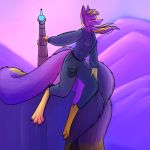  anthro breasts canine clothed clothing dipstick_tail dreamspinner eyes_closed female fox foxenawolf fur hair kaari mammal multi_tail multicolored_tail outside purple_fur purple_hair solo 