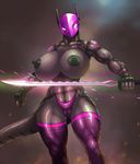  alien big_breasts breasts camel_toe clothing cybernetics cyborg female huge_breasts legwear link2004 machine melee_weapon muscular nipples no_pupils panties pussy solo standing stockings sword thick_thighs underwear weapon 