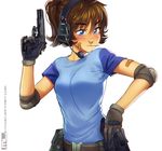  bandaid bandaid_on_arm bandaid_on_face belt belt_pouch black_gloves blue_eyes blush breasts brooke_(mathias_leth) brown_hair cz-75 ear_protection elbow_pads eyebrows_visible_through_hair freckles gloves gun handgun headset highres long_hair magazine_(weapon) mathias_leth original pistol ponytail pouch raglan_sleeves revision shirt small_breasts solo t-shirt trigger_discipline weapon white_background 