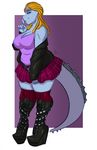  anthro breasts clothed clothing dinosaur dreadlocks female lavenderpandy looking_at_viewer overweight smile solo standing 