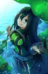  :q absurdres animal animal_on_head asui_tsuyu belt black_eyes black_hair bodysuit boku_no_hero_academia breasts closed_mouth commentary frog frog_on_head from_above gloves green_bodysuit green_eyes hair_between_eyes hair_rings highres holding leaf leaf_umbrella lily_pad long_hair looking_at_viewer looking_up low-tied_long_hair luo_jie medium_breasts on_head partially_submerged purple_eyes rainbow revision ripples smile solo tongue tongue_out wading water wet wet_clothes wet_hair white_gloves 