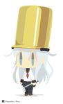  chameleon_man_(three) chibi commentary flat_color hibiki_(kantai_collection) kantai_collection ladle long_hair neckerchief no_lineart no_mouth parody pleated_skirt pot_on_head school_uniform serafuku silver_hair simple_background skirt solo standing very_long_hair white_background 